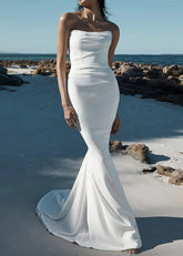 Frederica | Mermaid Strapless Pleated Backless White Satin Wedding Dress Train with Sleeveless - Price #price_variant_lowest# - White - PromDressClub